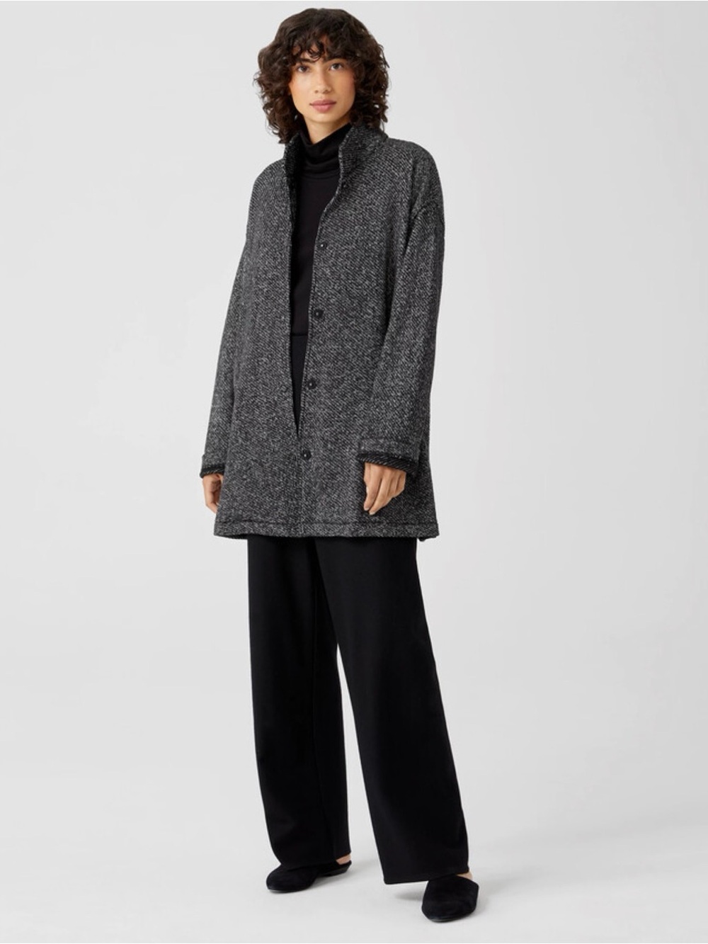 Eileen Fisher Stand Collar Black white tweed Button-Front coat cardigan jacket - Picture 2 of 7